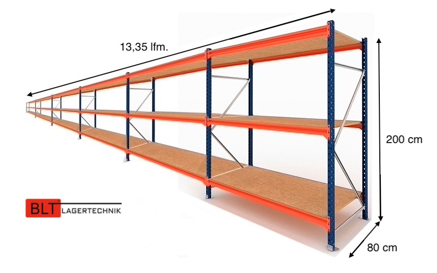 13,35 lfm Weitspannregale 80cm tief , 3 Ebenen, Werkstattregale , Lagerregale , Großfachregale , Handlager , Fachbodenregale